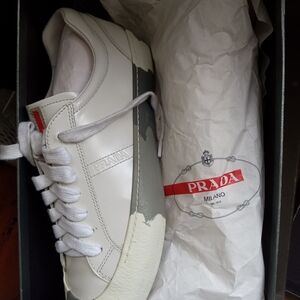 Prada Dual-Tone White and Gray Sneakers